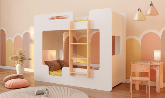 Drewniane łóżko piętrowe z barierkami na górnym i dolnym łóżku oraz drabinką po prawej stronie w kolorze białym